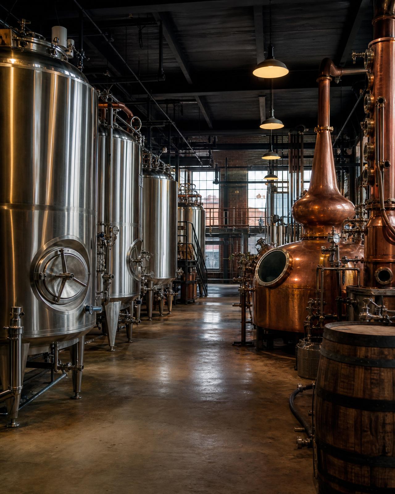 Inside The Brew Hub — stainless fermenters and copper still